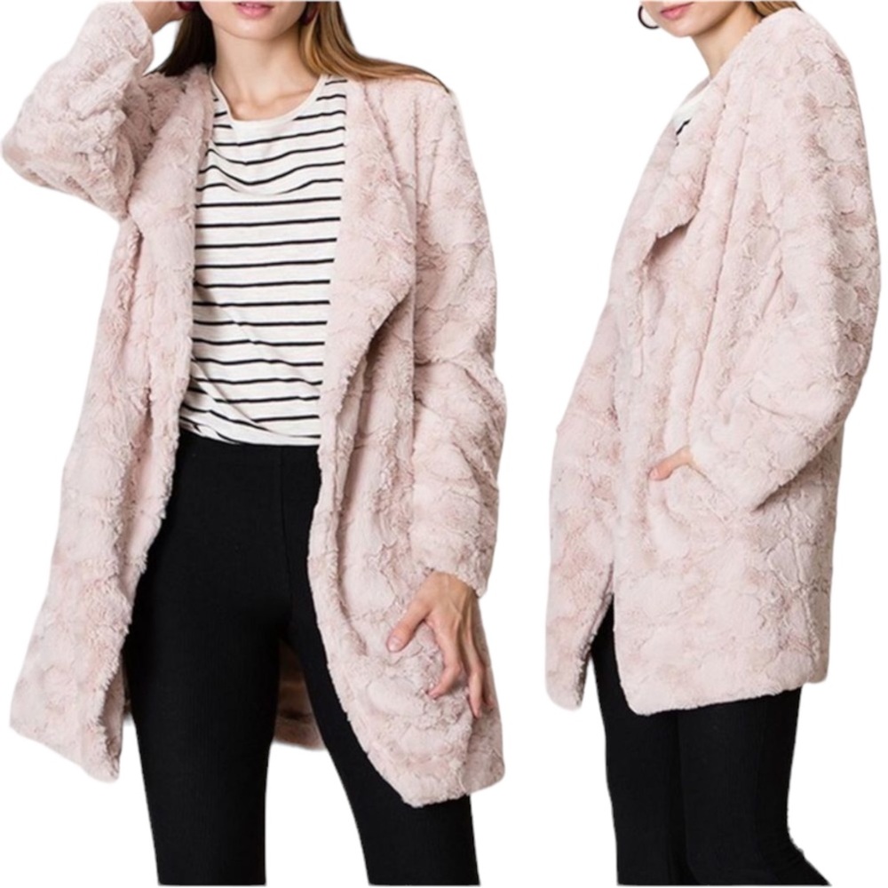 Hyfve Faux Fur Coat Womens Small Blush Pink Textured Open Front Glam Jacket